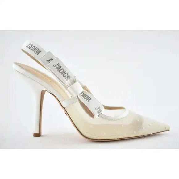 Dior Jadior White Plumetis Polka Crystal Ribbon Slingback Sandal Heel Pump 42 - Picture 2 of 12